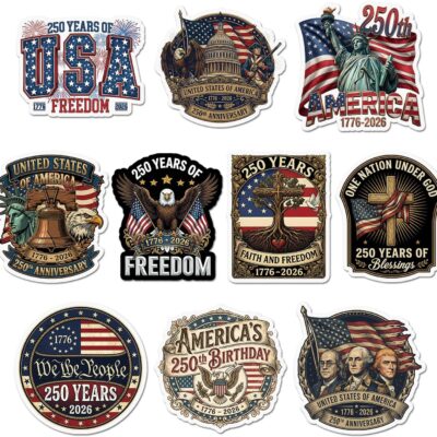 Ten patriotic stickers for the USA 250th anniversary showing the Statue of Liberty, Liberty Bell, bald eagle, the Capitol and Mount Rushmore in navy, red and cream