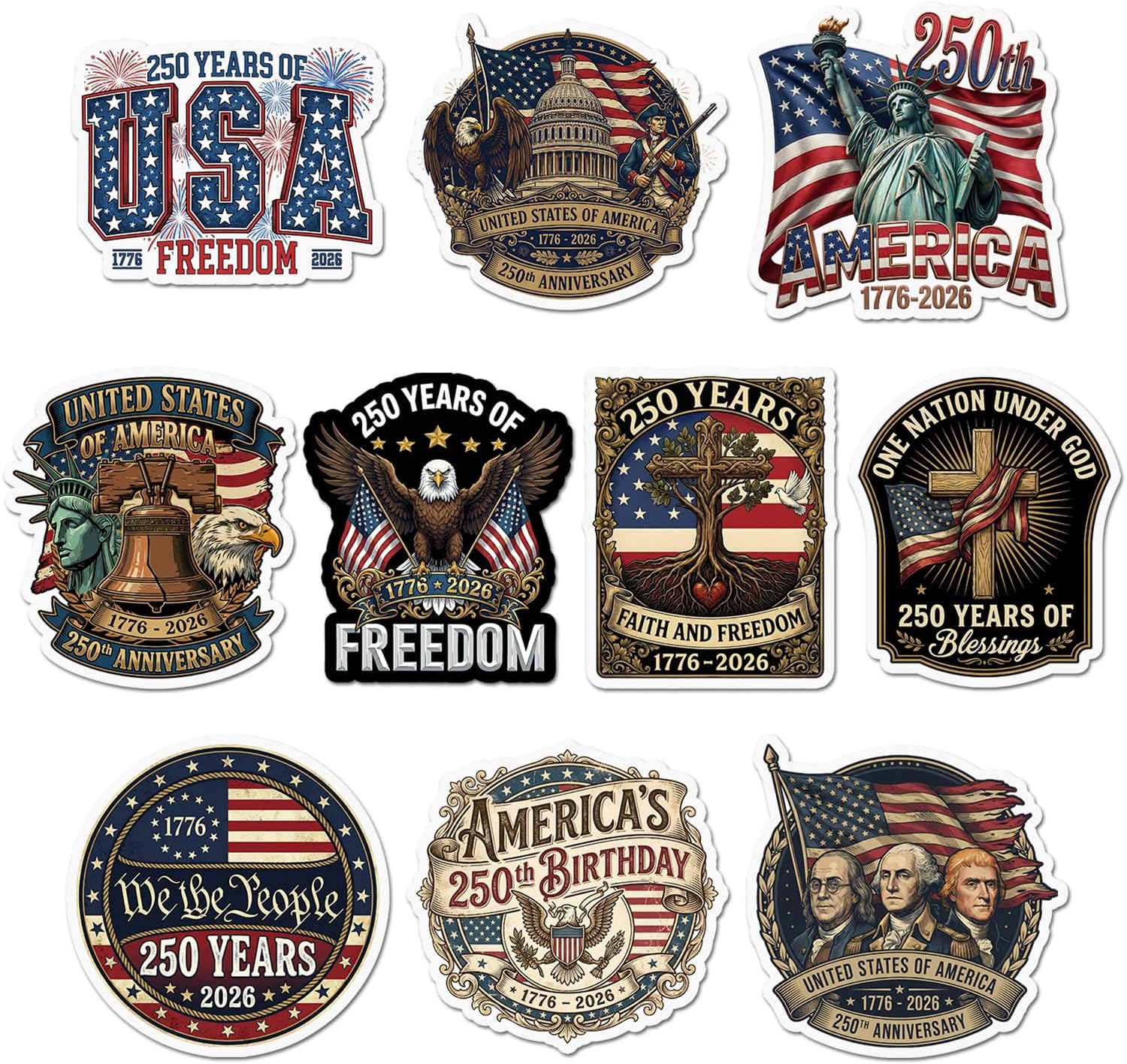 Ten patriotic stickers for the USA 250th anniversary showing the Statue of Liberty, Liberty Bell, bald eagle, the Capitol and Mount Rushmore in navy, red and cream