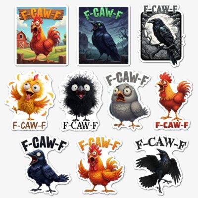 Ten crow and rooster stickers reading F-CAW-F, mixing cartoon farm birds with a moody realistic crow on a branch