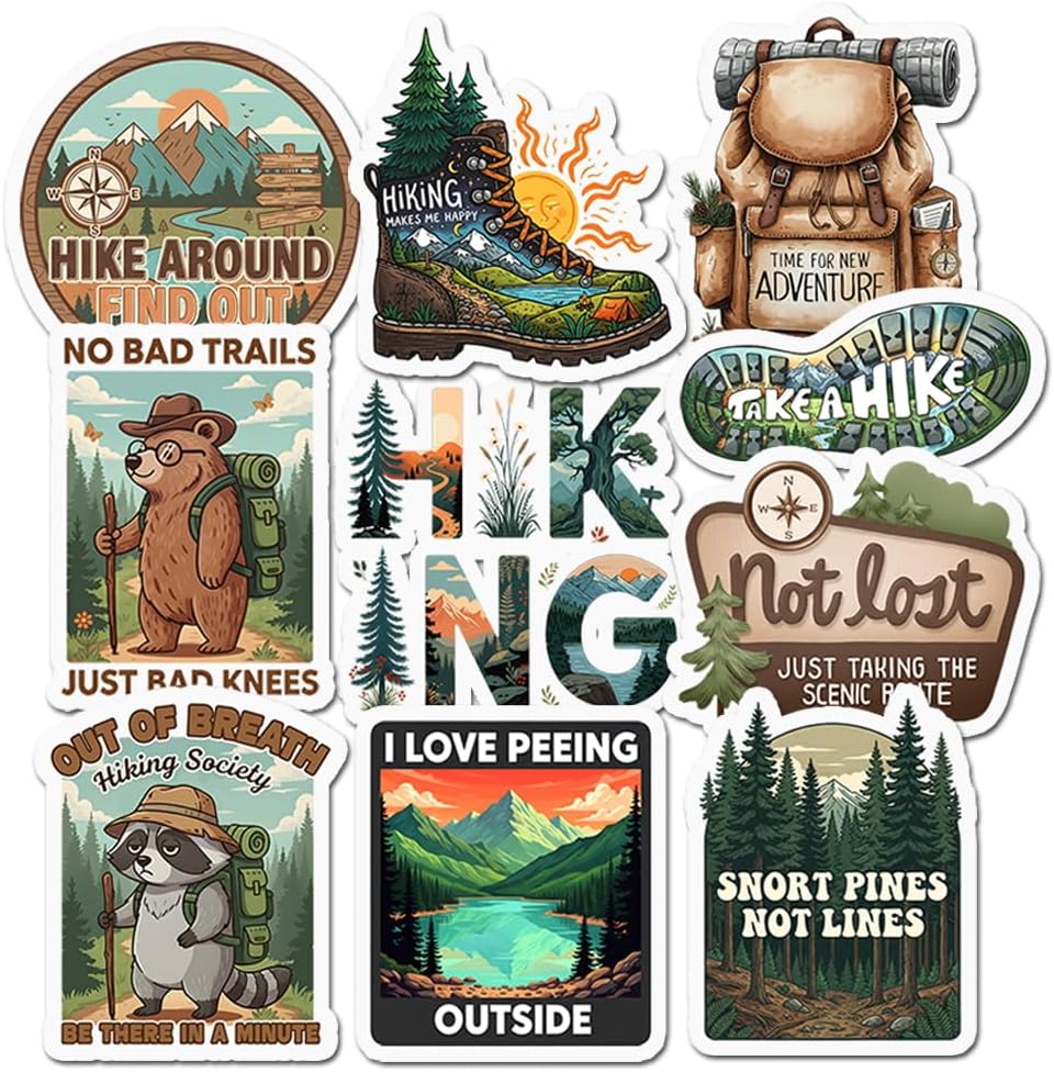 Ten hiking stickers with pine forests, mountains and a backpack, including a bear reading Just Bad Knees and a raccoon in an Out Of Breath Hiking Society badge