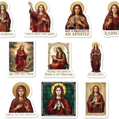 Ten Mary Magdalene stickers in traditional religious art style, including stained glass and panels reading I Have Seen The Lord, Rabboni and Equal To The Apostles