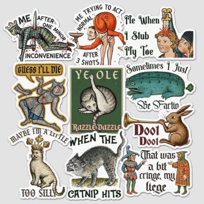 Twelve medieval manuscript stickers drawn in illuminated marginalia style, with captions including Guess I'll Die, Ye Ole Razzle Dazzle and That Was A Bit Cringe My Liege