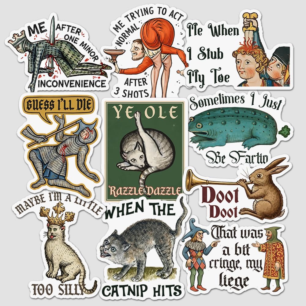Twelve medieval manuscript stickers drawn in illuminated marginalia style, with captions including Guess I'll Die, Ye Ole Razzle Dazzle and That Was A Bit Cringe My Liege
