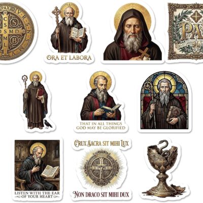 Ten Saint Benedict stickers with the Benedictine medal, a raven carrying bread and a chalice with a serpent, lettered Ora Et Labora and Crux Sacra Sit Mihi Lux