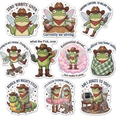 Twelve cartoon frogs in cowboy hats and bandanas with captions including Zero Ribbits Given, Ground Control To Major Toad and Behold My Mighty Steed