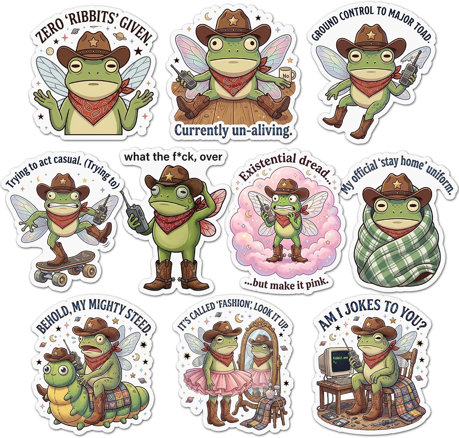 Twelve cartoon frogs in cowboy hats and bandanas with captions including Zero Ribbits Given, Ground Control To Major Toad and Behold My Mighty Steed