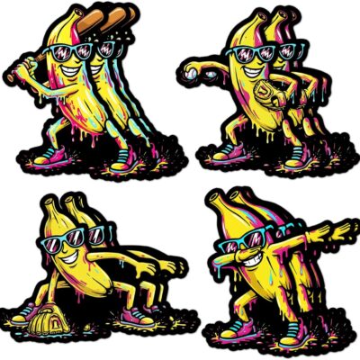 Four neon graffiti stickers of cartoon bananas wearing sunglasses and trainers, holding baseball bats, in bright yellow, pink and cyan