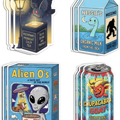 Cryptid stickers shaped like vintage grocery packaging: Mothman midnight calm tea, Nessie organic milk carton, Alien O's cereal box and Chupacabra Goat energy drink can
