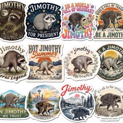 Twelve vintage park poster stickers of a raccoon named Jimothy with Mount Rainier and the Space Needle, lettered Jimothy For President and In Jimothy We Trust