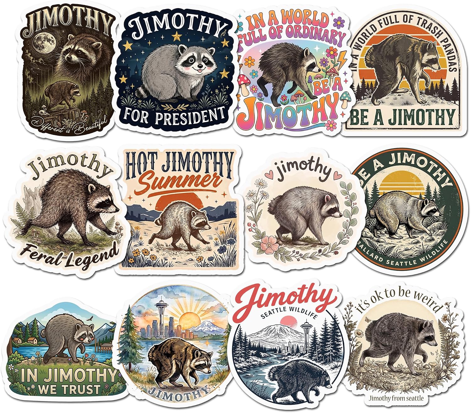Twelve vintage park poster stickers of a raccoon named Jimothy with Mount Rainier and the Space Needle, lettered Jimothy For President and In Jimothy We Trust