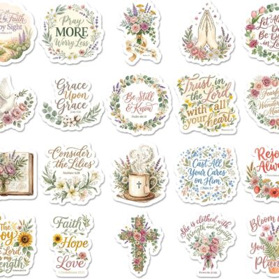 Twenty watercolour Bible verse stickers with florals, doves and crosses, including Be Still And Know, Grace Upon Grace and Consider The Lilies
