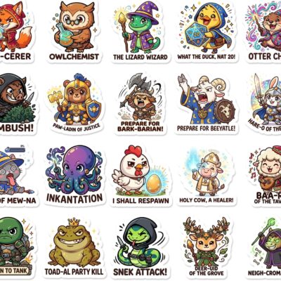 Twenty cartoon animal stickers with tabletop role-playing puns including a fox sorcerer, an owl alchemist, an octopus casting Inkantation and a turtle born to tank