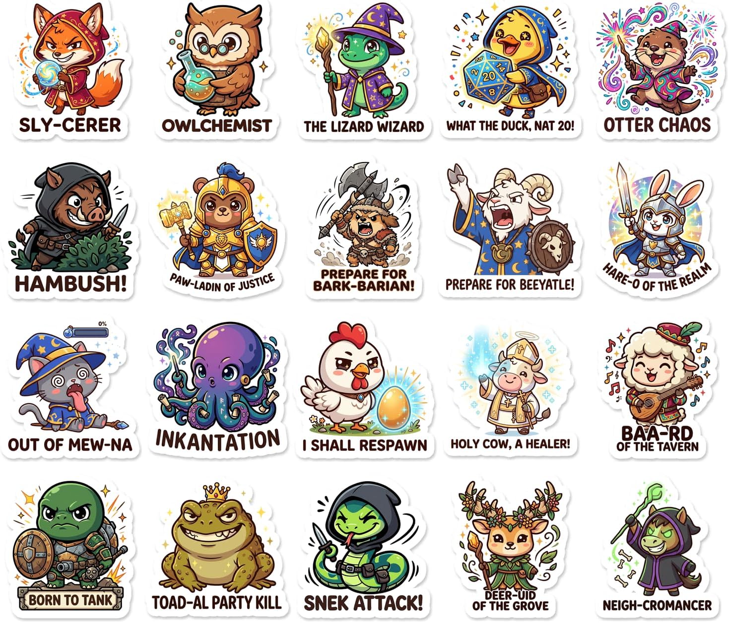 Twenty cartoon animal stickers with tabletop role-playing puns including a fox sorcerer, an owl alchemist, an octopus casting Inkantation and a turtle born to tank