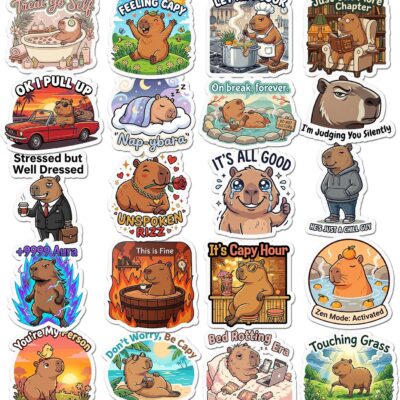 Twenty capybara stickers in hot springs and with oranges on their heads, captioned Feeling Capy, Let Him Cook, Zen Mode Activated and It's Capy Hour