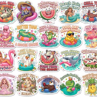 Twenty bright summer stickers with pool floats, flamingos, watermelon and margaritas, lettered Feral Girl Summer, Beach Hair Don't Care and Pool Shark Energy