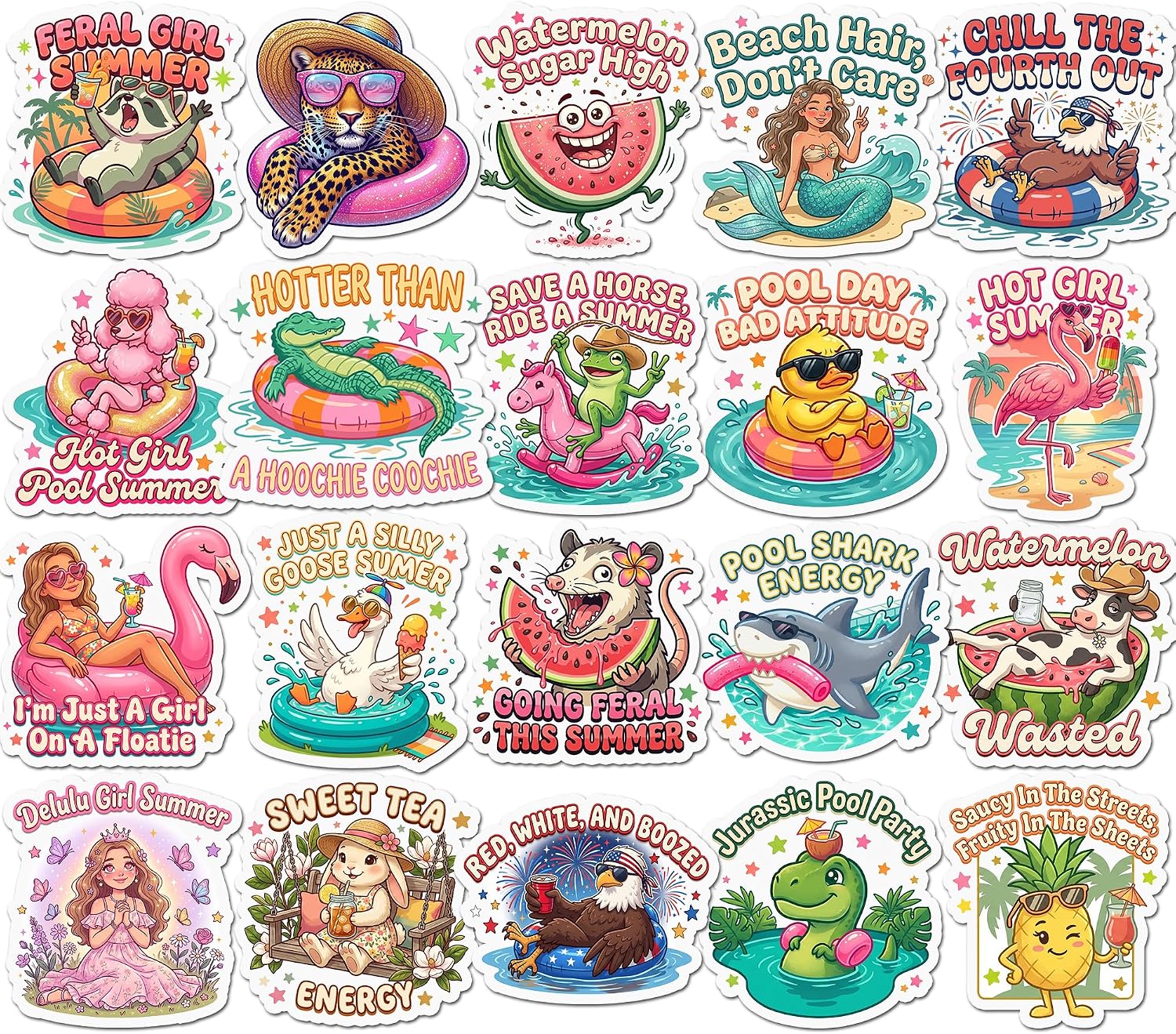 Twenty bright summer stickers with pool floats, flamingos, watermelon and margaritas, lettered Feral Girl Summer, Beach Hair Don't Care and Pool Shark Energy