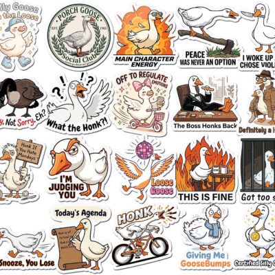 Twenty cartoon goose stickers with confrontational captions including Peace Was Never An Option, What The Honk and I Woke Up And Chose Violence