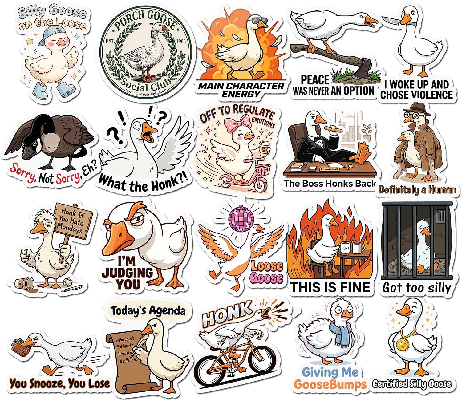 Twenty cartoon goose stickers with confrontational captions including Peace Was Never An Option, What The Honk and I Woke Up And Chose Violence