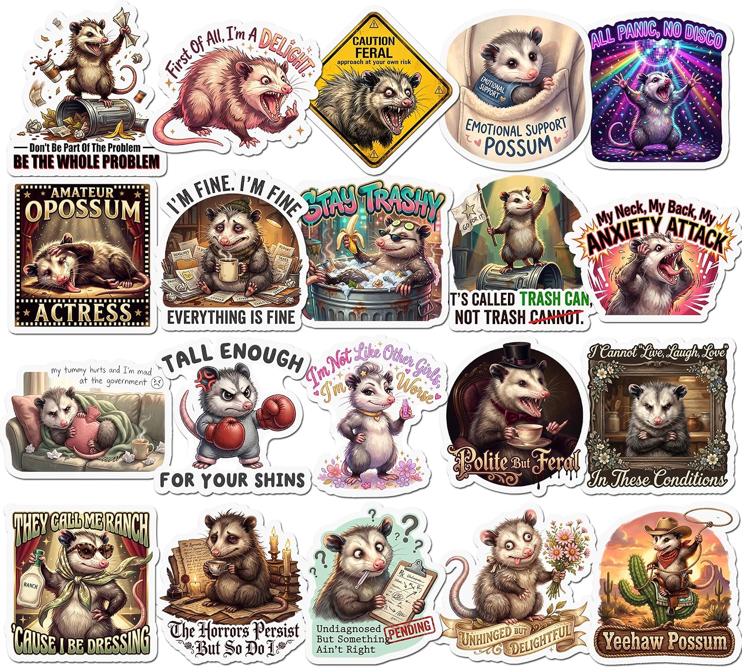 Twenty opossum stickers in ornate vintage frames, captioned Be The Whole Problem, Emotional Support Possum and The Horrors Persist But So Do I