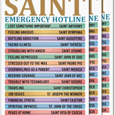 Sticker listing saints beside the problems they are invoked for, headed Saint Emergency Hotline, with colour-coded rows such as Feeling Anxious and Saint Dymphna