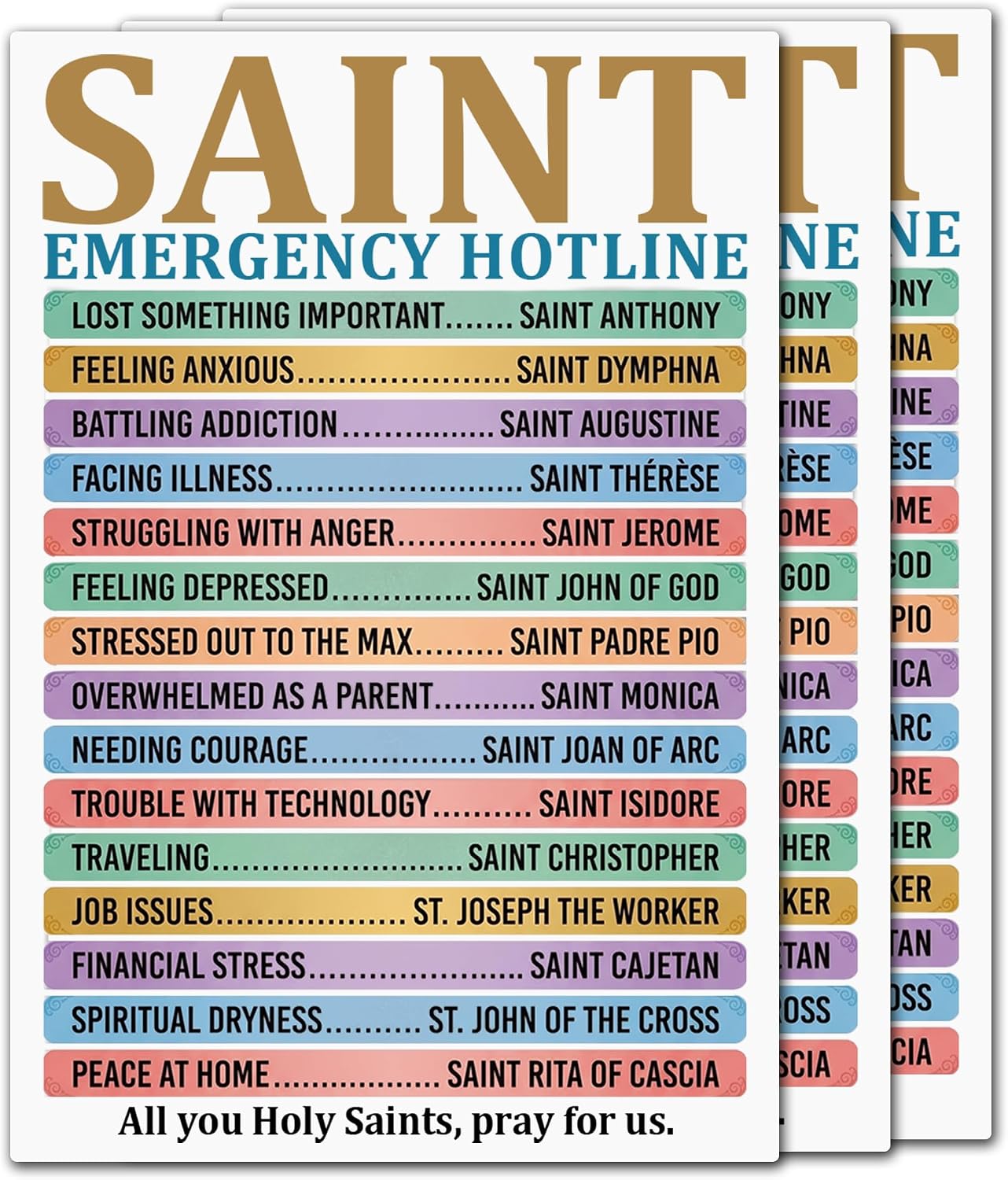 Sticker listing saints beside the problems they are invoked for, headed Saint Emergency Hotline, with colour-coded rows such as Feeling Anxious and Saint Dymphna