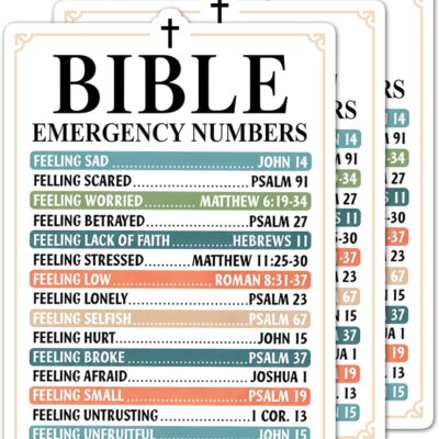 Sticker headed Bible Emergency Numbers listing feelings beside scripture references in colour-coded rows, such as Feeling Sad with John 14 and Feeling Scared with Psalm 91