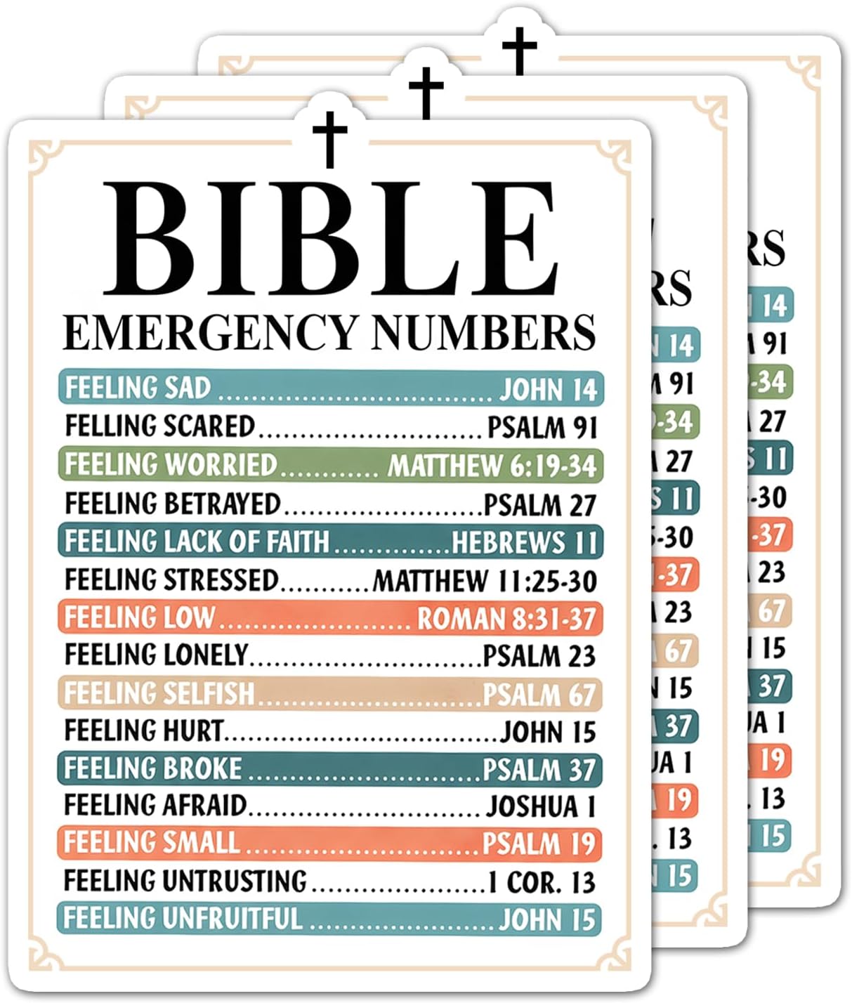 Sticker headed Bible Emergency Numbers listing feelings beside scripture references in colour-coded rows, such as Feeling Sad with John 14 and Feeling Scared with Psalm 91