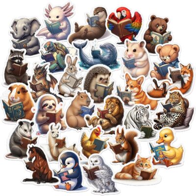 Thirty stickers of animals reading books, including an elephant, axolotl, otter, hedgehog, sloth, tiger and penguin each holding an open book