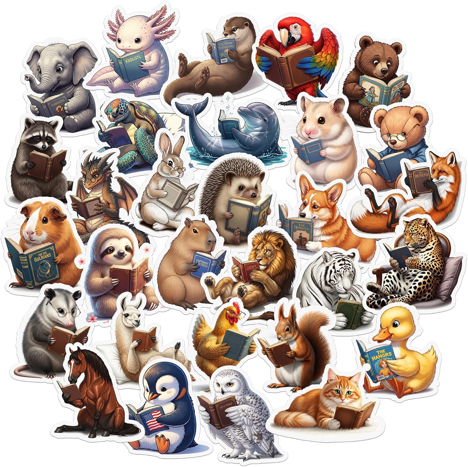 Thirty stickers of animals reading books, including an elephant, axolotl, otter, hedgehog, sloth, tiger and penguin each holding an open book
