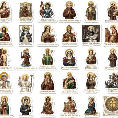 Thirty Catholic saint stickers in traditional gold-leaf icon style, each labelled with the saint's name and patronage such as Patron Of Travellers and Patron Of Hopeless Causes