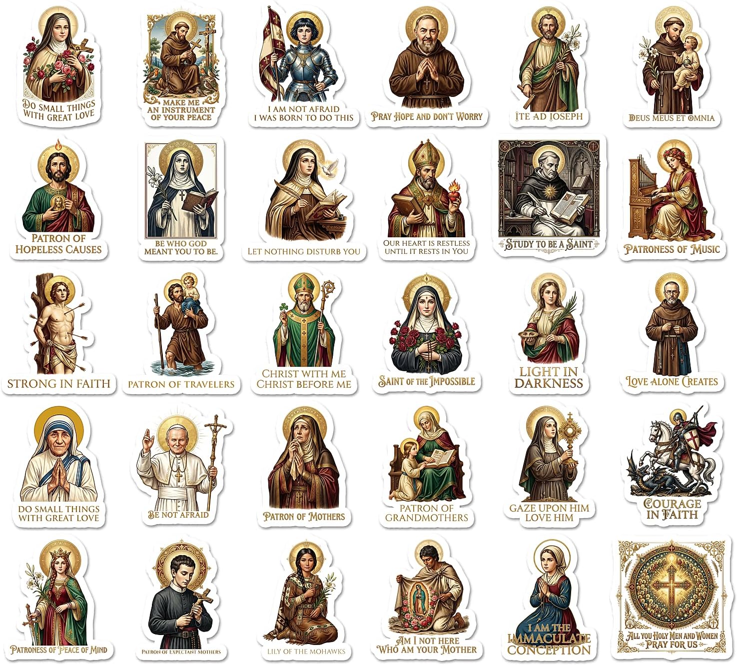 Thirty Catholic saint stickers in traditional gold-leaf icon style, each labelled with the saint's name and patronage such as Patron Of Travellers and Patron Of Hopeless Causes