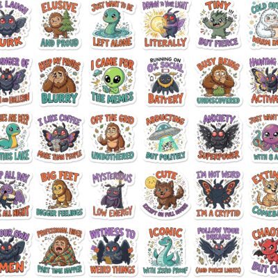Thirty kawaii cryptid stickers of Mothman, Bigfoot, Nessie and aliens with introvert captions such as Elusive And Proud and I'm Not Weird I'm A Cryptid