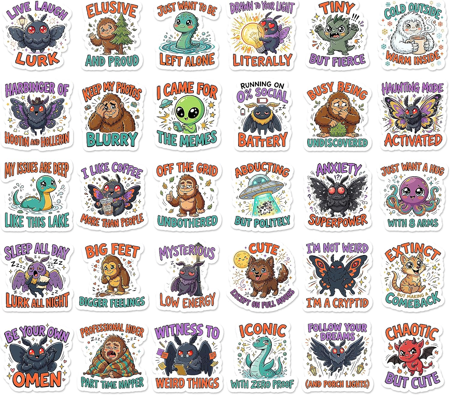 Thirty kawaii cryptid stickers of Mothman, Bigfoot, Nessie and aliens with introvert captions such as Elusive And Proud and I'm Not Weird I'm A Cryptid