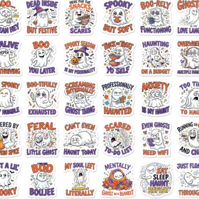 Thirty cartoon ghost stickers with burnout humour captions such as Boo-rely Functioning, Screaming Internally and Even Ghosts Need Wifi, in orange, purple and white