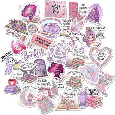 Thirty pastel pink and lilac bookish stickers with stacked books, a dragon, a potion bottle and captions including Book Queen and Recharging My Social Battery