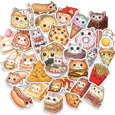 Thirty kawaii stickers of cats merged with food, including a cat croissant, cat sushi, cat donut, cat burger, cat ramen and cat pizza slice