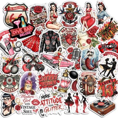 Thirty-one rockabilly stickers with 1950s pin-up girls, roses, dice, a jukebox, a switchblade and lettering reading Dive Bar Deluxe and Cherry Bomb