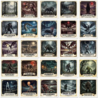Fifty dark vintage poster stickers, one cryptid per US state, including the Michigan Dogman, West Virginia Mothman and the Jersey Devil