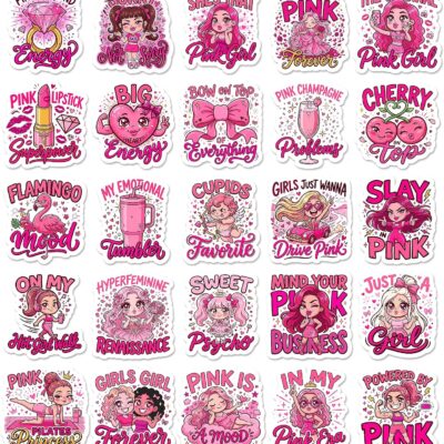 Fifty hot pink stickers with cartoon women, lipstick, flamingos and cherries, lettered Big Pink Energy, In My Pink Era and Mind Your Pink Business