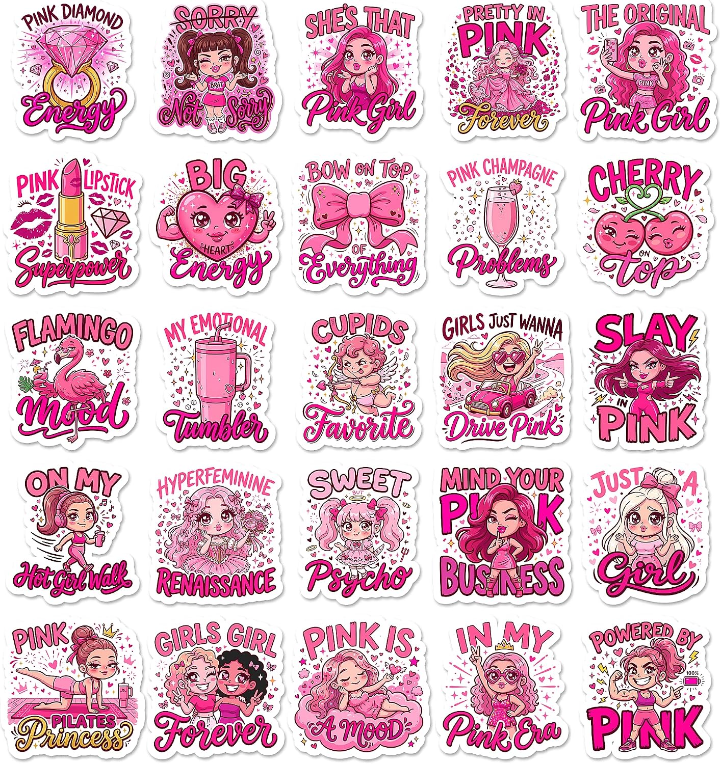 Fifty hot pink stickers with cartoon women, lipstick, flamingos and cherries, lettered Big Pink Energy, In My Pink Era and Mind Your Pink Business