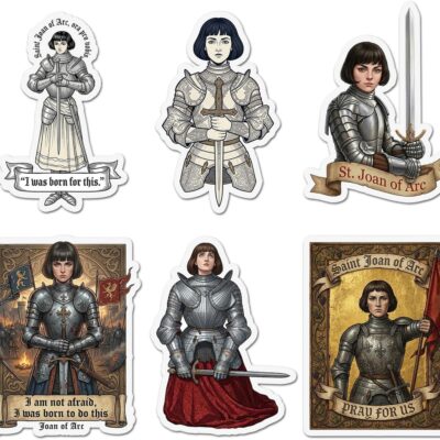 Six Saint Joan of Arc stickers showing her in armour with sword and banner, including one reading I Was Born To Do This and one reading Pray For Us