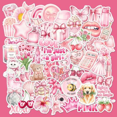 Sixty pink coquette stickers including bows, lips, perfume bottles, a teddy bear, a disco ball, strawberries and lettering reading I'm Just A Girl
