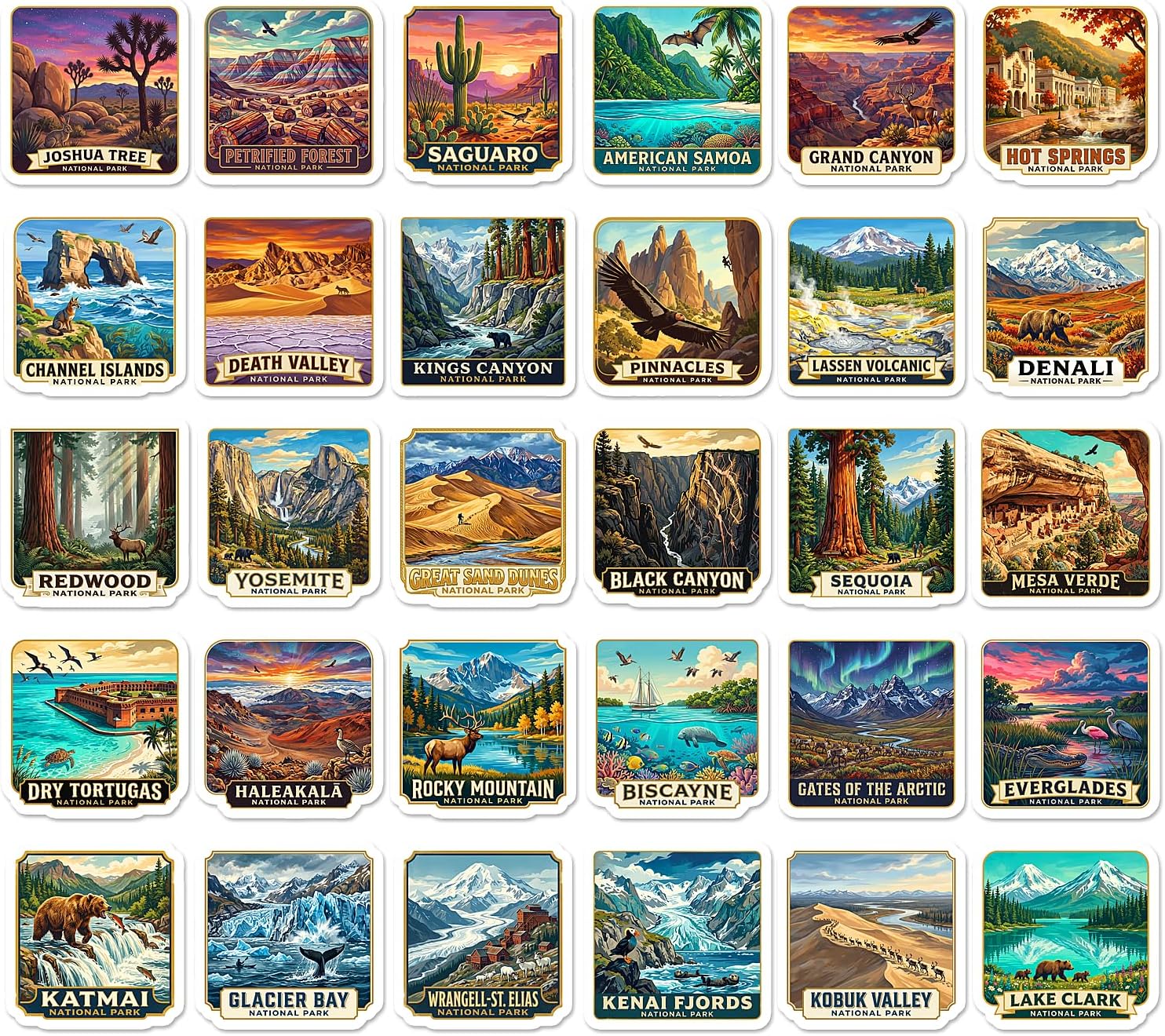 Sixty-three national park stickers in vintage travel poster style, each showing one park landscape such as Grand Canyon, Denali, Yosemite and the Everglades