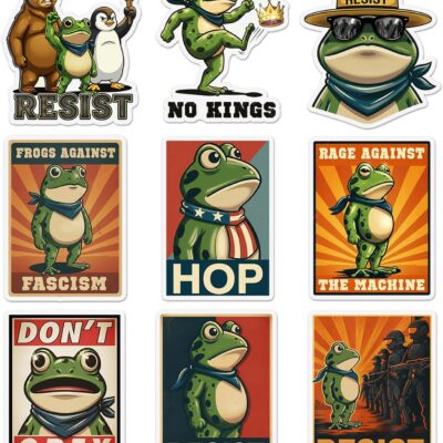 Nine protest poster stickers of cartoon frogs in vintage propaganda style, lettered Resist, No Kings and Don't Obey in orange and teal