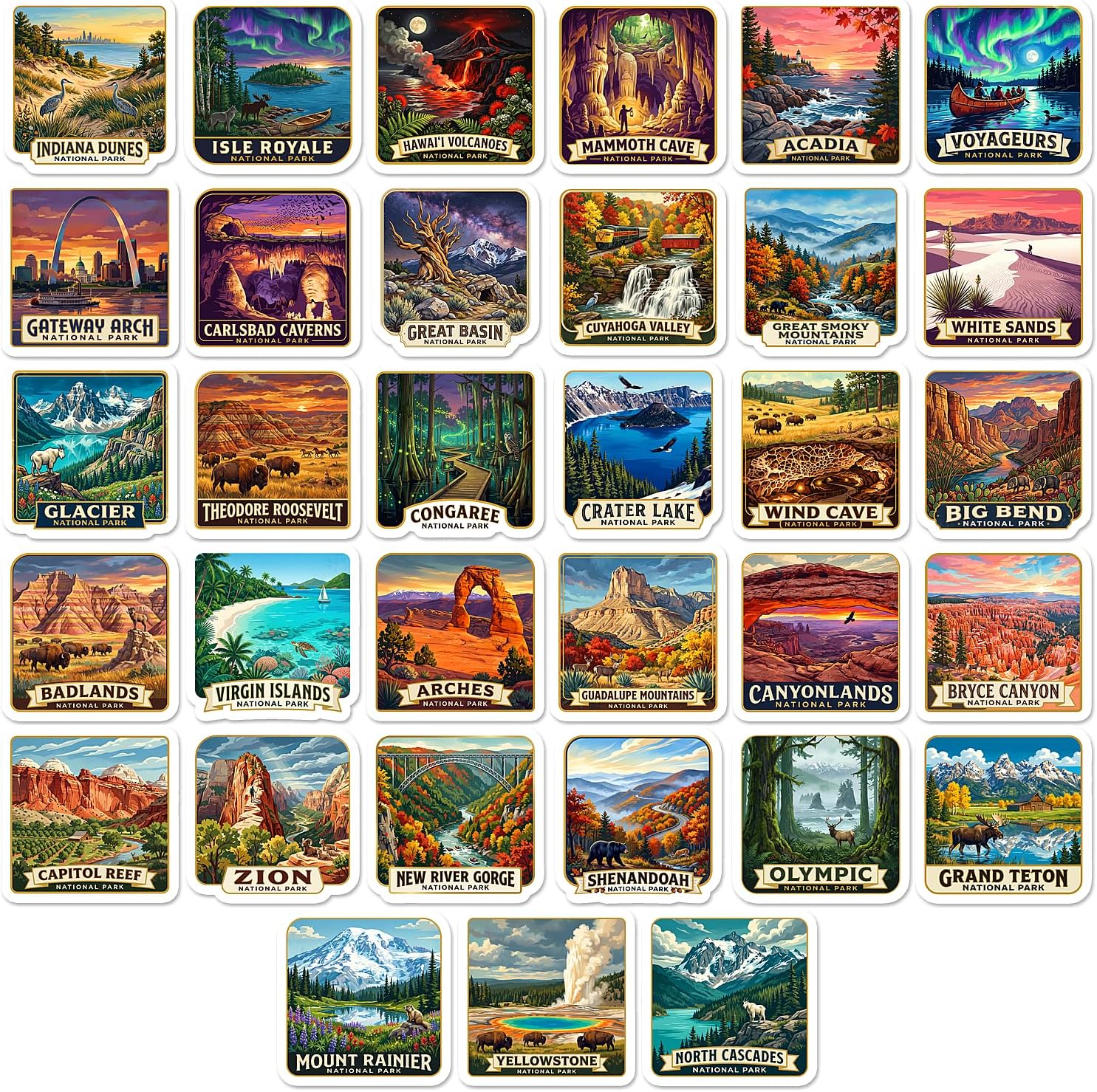 63 Pcs National Park Stickers, All 63 US National Parks Vintage Travel Poster Waterproof Vinyl Decals for Water Bottle, Laptop, Luggage, Camping Hiking Gifts for Men, Women, Teens - Image 2