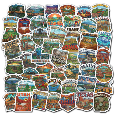 Fifty US state-shaped stickers, each filled with that state's landscape and landmarks in vintage travel poster colours