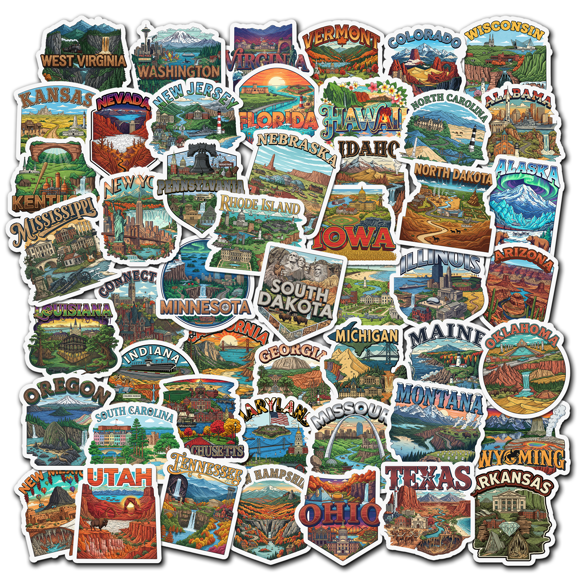 Fifty US state-shaped stickers, each filled with that state's landscape and landmarks in vintage travel poster colours