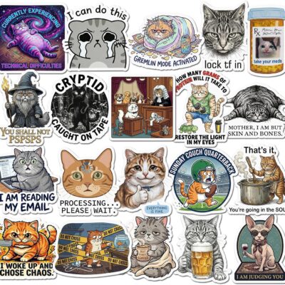 Twenty cat stickers mixing painted realistic cats with cartoon ones, captioned Gremlin Mode Activated, I Am Reading My Email and I Woke Up And Chose Chaos