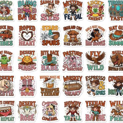Thirty western cowgirl stickers with boots, hats, cactus, longhorn skulls and lettering including Disco Cowgirl, Saddle Up Sis and Espresso And Spurs