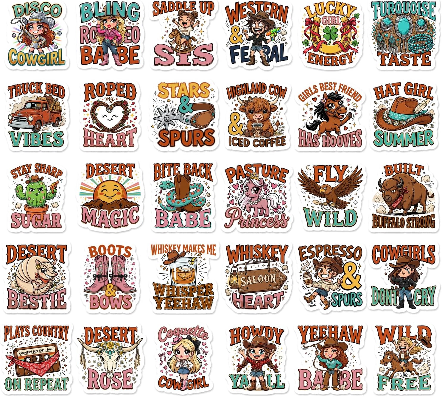 Thirty western cowgirl stickers with boots, hats, cactus, longhorn skulls and lettering including Disco Cowgirl, Saddle Up Sis and Espresso And Spurs